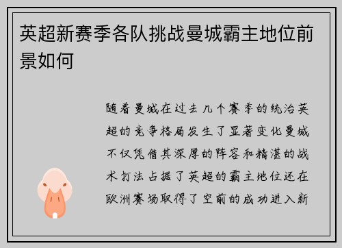 英超新赛季各队挑战曼城霸主地位前景如何